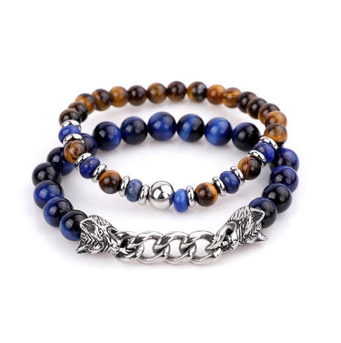 Natural Stone & Stainless Steel Double WOLF 'LOYALTY' 2 pc Bracelet Set -13 Styles